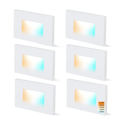 Cloudy Bay Six white rectangular recessed LED step lights in a 2x3 grid on white background, each lit warm