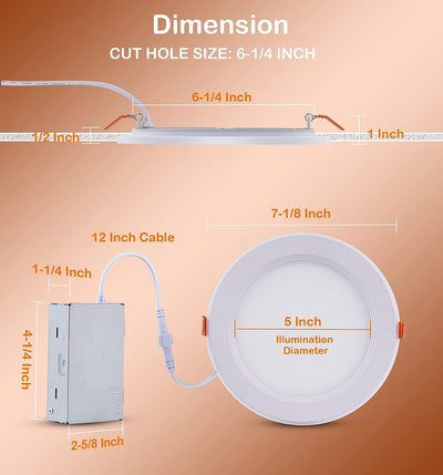 6Inch 5CCT LED Recessed Ceiling Light with Night Light,2700K/3000K/3500K/4000K/5000K Selectable, Ultra-Thin Baffle Recessed Lighting,Dimmable Canless Wafer Downlight