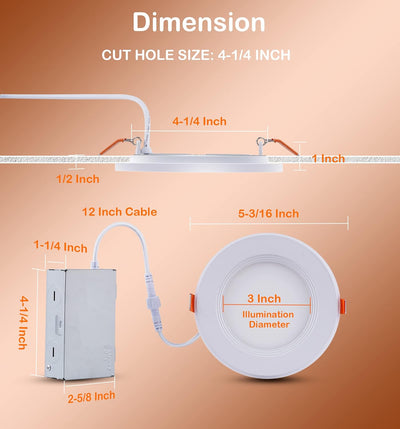 6Inch 5CCT LED Recessed Ceiling Light with Night Light,2700K/3000K/3500K/4000K/5000K Selectable, Ultra-Thin Baffle Recessed Lighting,Dimmable Canless Wafer Downlight