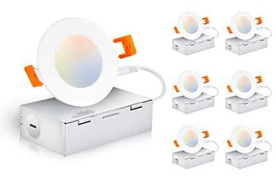 Ultra-Thin LED Recessed Light with Junction Box, 3 Inch, 5CCT, 120V 8W, White, 6 PCs
