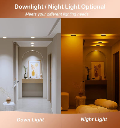 6Inch 5CCT LED Recessed Ceiling Light with Night Light,2700K/3000K/3500K/4000K/5000K Selectable, Ultra-Thin Baffle Recessed Lighting,Dimmable Canless Wafer Downlight