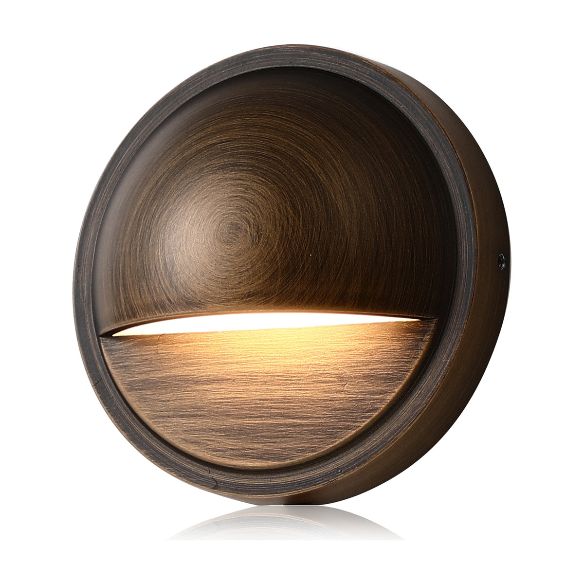 Cloudy Bay 3CCT low voltage deck light, round bronze fixture with half-moon lens glowing warm amber on white background