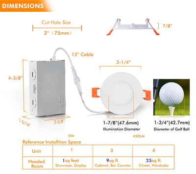 Ultra-Thin LED Recessed Light with Junction Box, 3 Inch, 5CCT, 120V 8W, White, 6 PCs