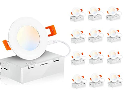 Ultra-Thin LED Recessed Light with Junction Box, 3 Inch, 5CCT, 120V 8W, White, 12 PCs