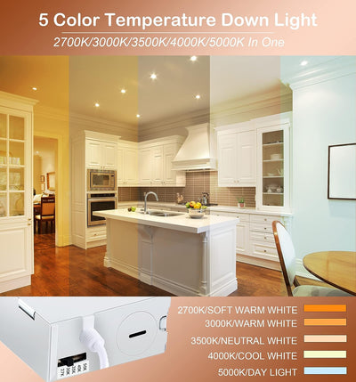 6Inch 5CCT LED Recessed Ceiling Light with Night Light,2700K/3000K/3500K/4000K/5000K Selectable, Ultra-Thin Baffle Recessed Lighting,Dimmable Canless Wafer Downlight