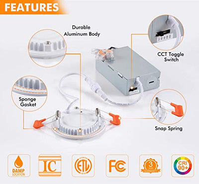 Ultra-Thin LED Recessed Light with Junction Box, 3 Inch, 5CCT, 120V 8W, White, 6 PCs