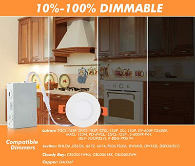 Ultra-Thin LED Recessed Light with Junction Box, 3 Inch, 5CCT, 120V 8W, White, 6 PCs