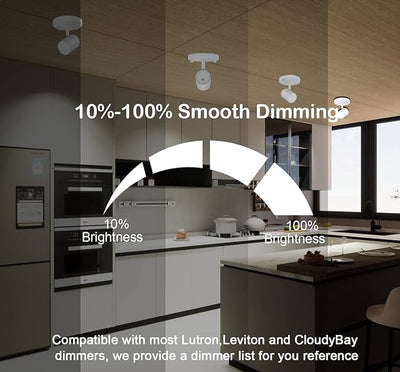 CLOUDY BAY LED Flush Mount Ceiling Spot Light,CRI90+ 9W 3000K 4000K 5000K Selectable Dimmable,Adjustable Tilt Angle Ceiling Track Light Head,White