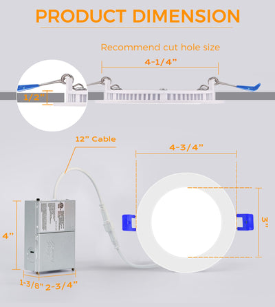 Three ultra slim white downlight discs glowing warm, neutral and cool white side by side for comparison
