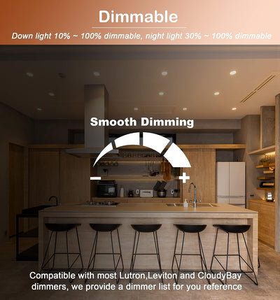 6Inch 5CCT LED Recessed Ceiling Light with Night Light,2700K/3000K/3500K/4000K/5000K Selectable, Ultra-Thin Baffle Recessed Lighting,Dimmable Canless Wafer Downlight