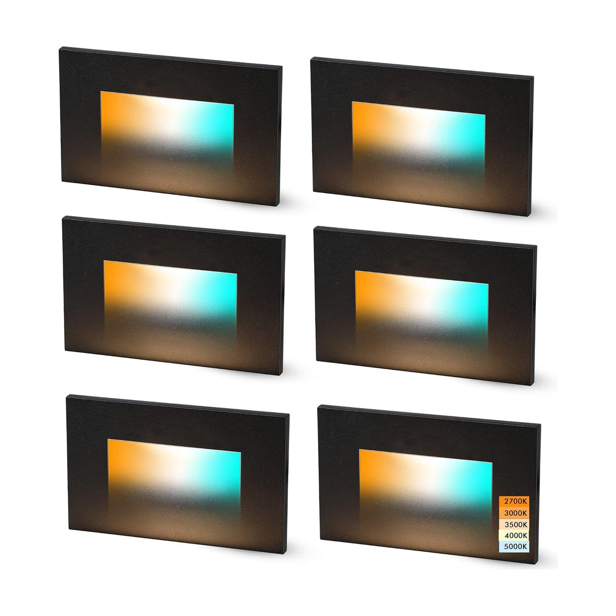 Cloudy Bay Six black rectangular recessed LED step lights in a grid on white background, lit warm