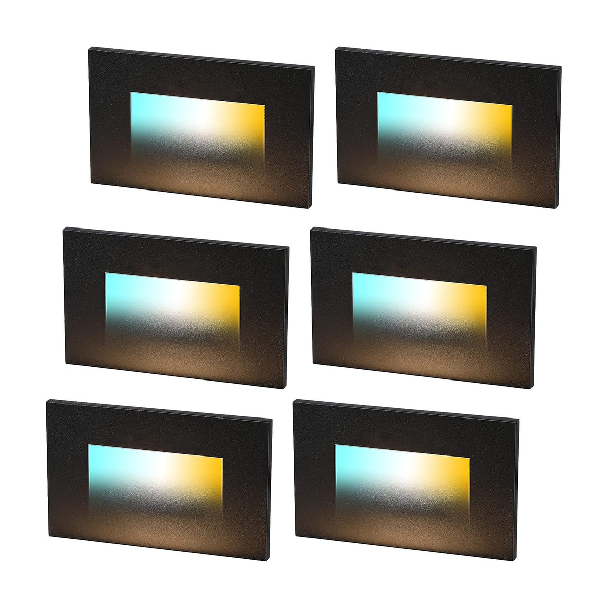 Cloudy Bay Six black rectangular wall-mounted step lights on white background, one glowing warm amber