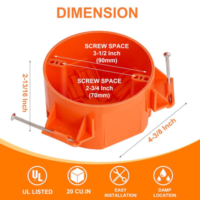 Round Electrical Box,New Work Junction Box,Ceiling Box,20 Cubic Inches,PVC with Nails,3 Pack