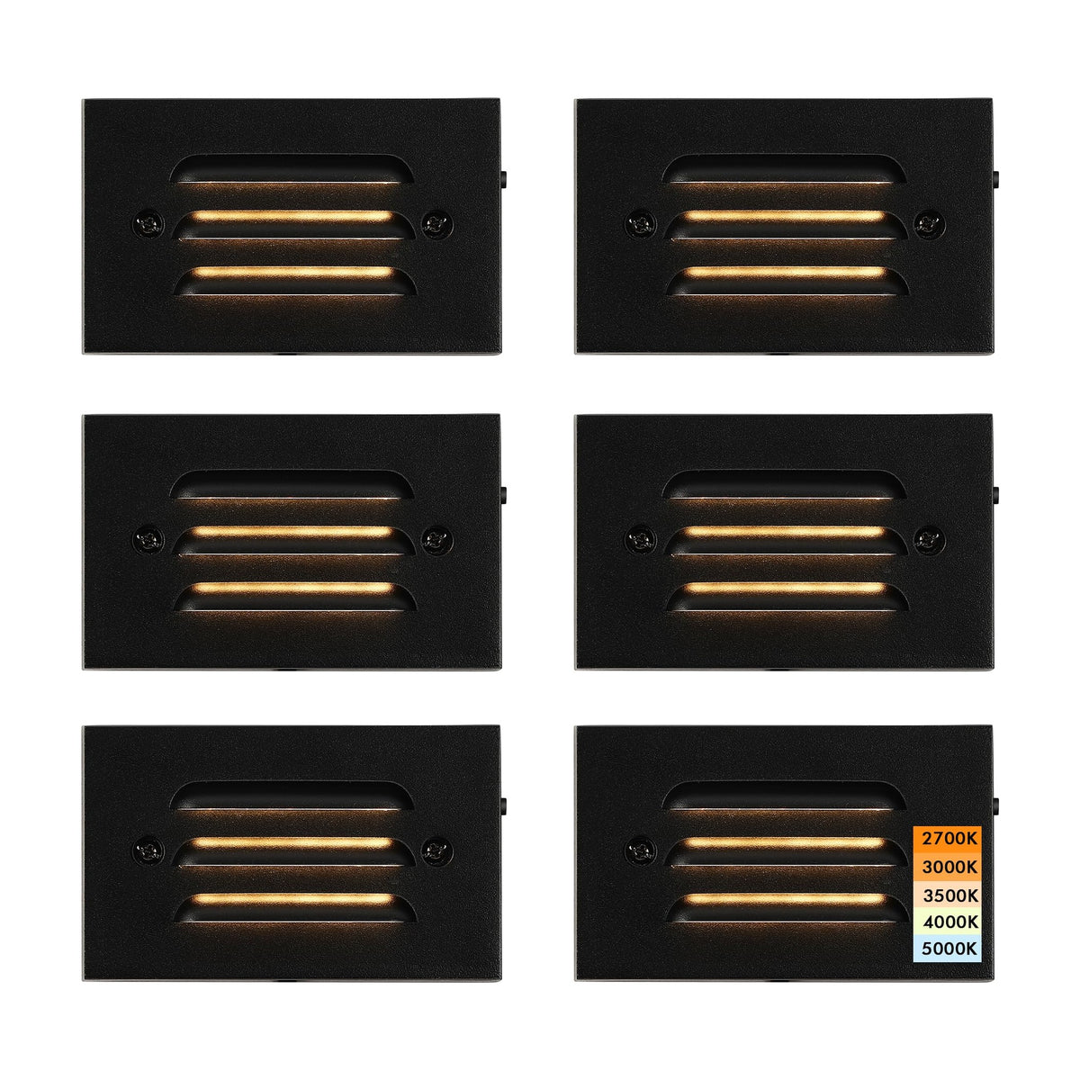 Cloudy Bay Six matte black step lights in a 2x3 grid, illuminated, with 2700K to 5000K color temperature swatch, 6-pack