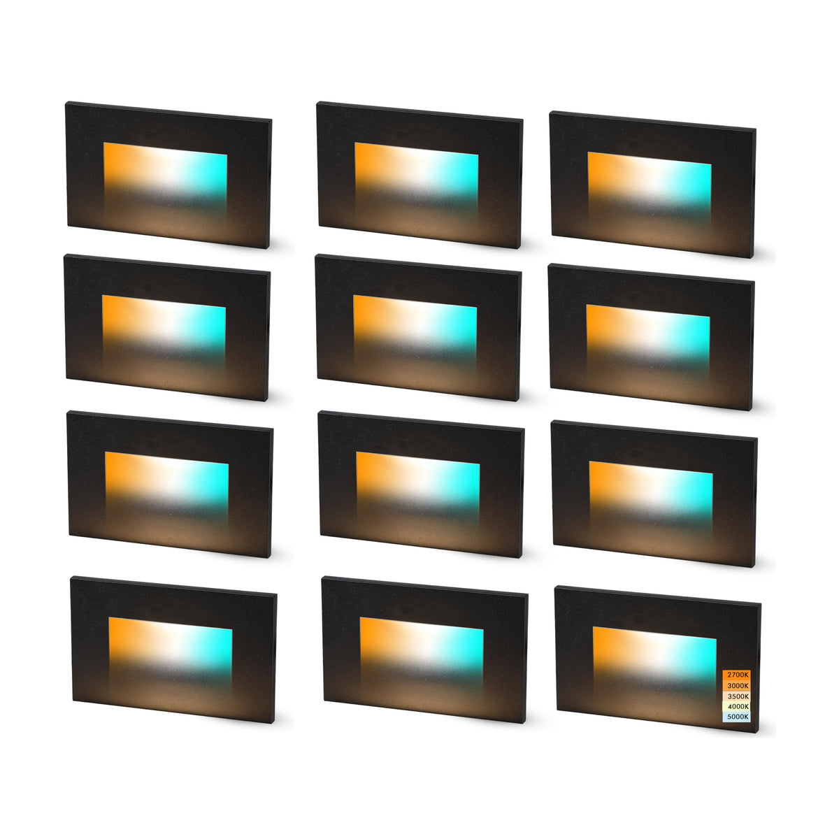 Cloudy Bay Twelve black rectangular step lights arranged in a grid on a white background, some lit with a warm glow