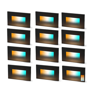 Cloudy Bay Twelve black rectangular step lights arranged in a grid on a white background, some lit with a warm glow