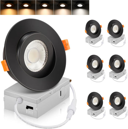 4 inch Gimbal LED Recessed Gimbal Light with Junction Box,IC Rated,9.5W CRI90+, 5CCT, Dimmable Downlight, Black, 6 PCs