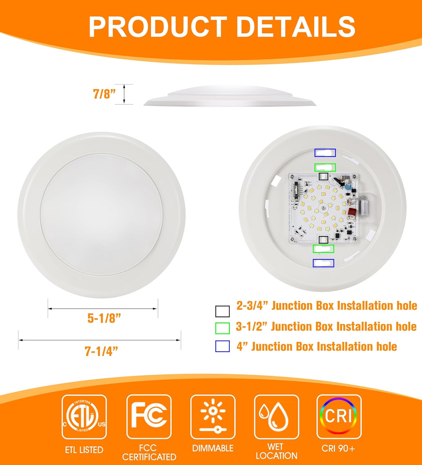 5 Color Temperature LED Flush Mount Ceiling Light,7.5 Inch,120V 15W Dimmable, CRI 90+,2700K/3000K/3500K/4000K/5000K Adjustable,White Finish
