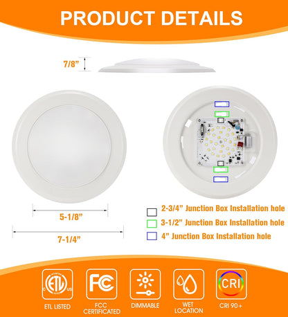 5 Color Temperature LED Flush Mount Ceiling Light,7.5 Inch,120V 15W Dimmable, CRI 90+,2700K/3000K/3500K/4000K/5000K Adjustable,White Finish