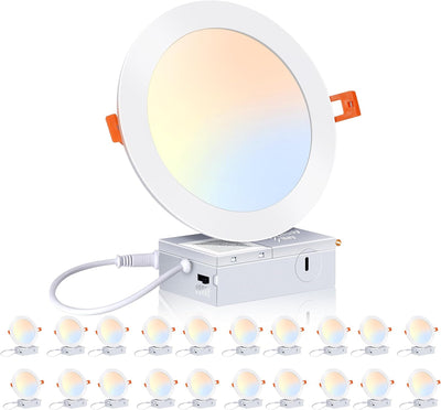 Ultra-Thin LED Recessed Light with Junction Box, 6 Inch, 5CCT, 120V 15W, White, 6 PCs