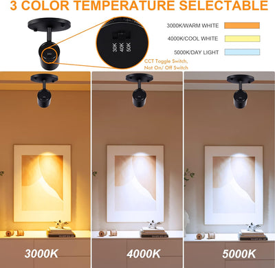 CLOUDY BAY LED Flush Mount Ceiling Spot Light,CRI90+ 9W 3000K 4000K 5000K Selectable Dimmable,Adjustable Tilt Angle Ceiling Track Light Head,Black