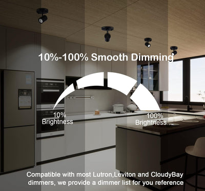 CLOUDY BAY LED Flush Mount Ceiling Spot Light,CRI90+ 9W 3000K 4000K 5000K Selectable Dimmable,Adjustable Tilt Angle Ceiling Track Light Head,Black