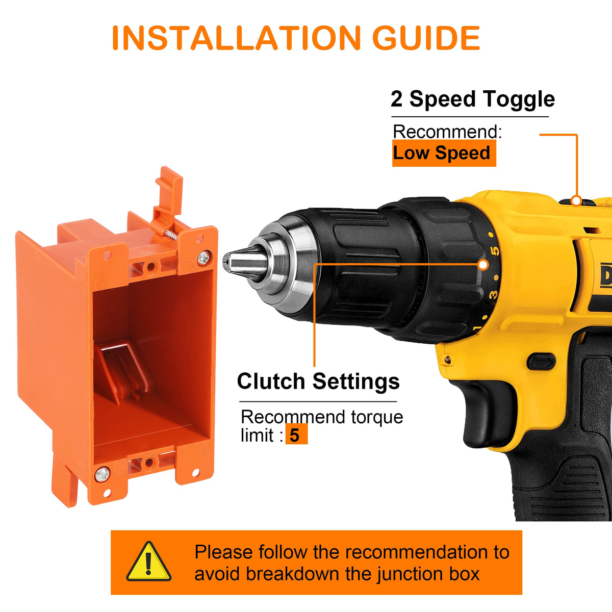 Install diagram: clamping ears grip drywall, cable clamps hold wires