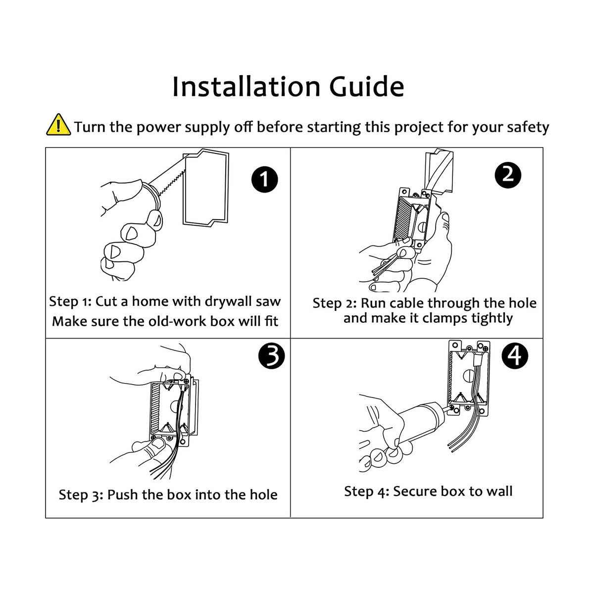 4-step installation: trace the cutout, cut the opening, insert the box, tighten the screws to clamp