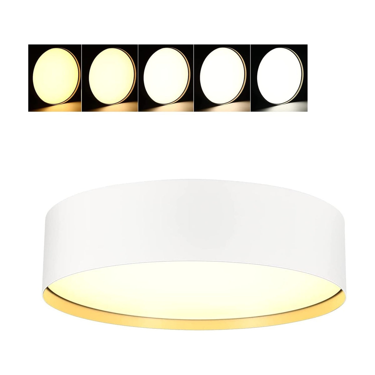 Round flush mount ceiling light with white trim and gold inner liner glowing on a ceiling, with color temperature selector strip