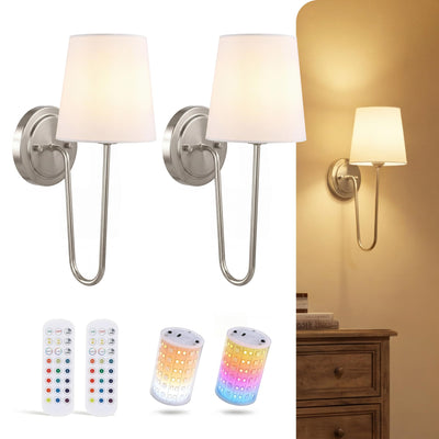 Cloudy Bay brushed nickel battery operated wall sconces with cylinder linen shades and magnetic RGB bulbs, set of 2