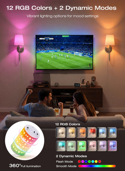 Brushed nickel sconce by the sofa casting colorful glow through its linen shade, remote at hand