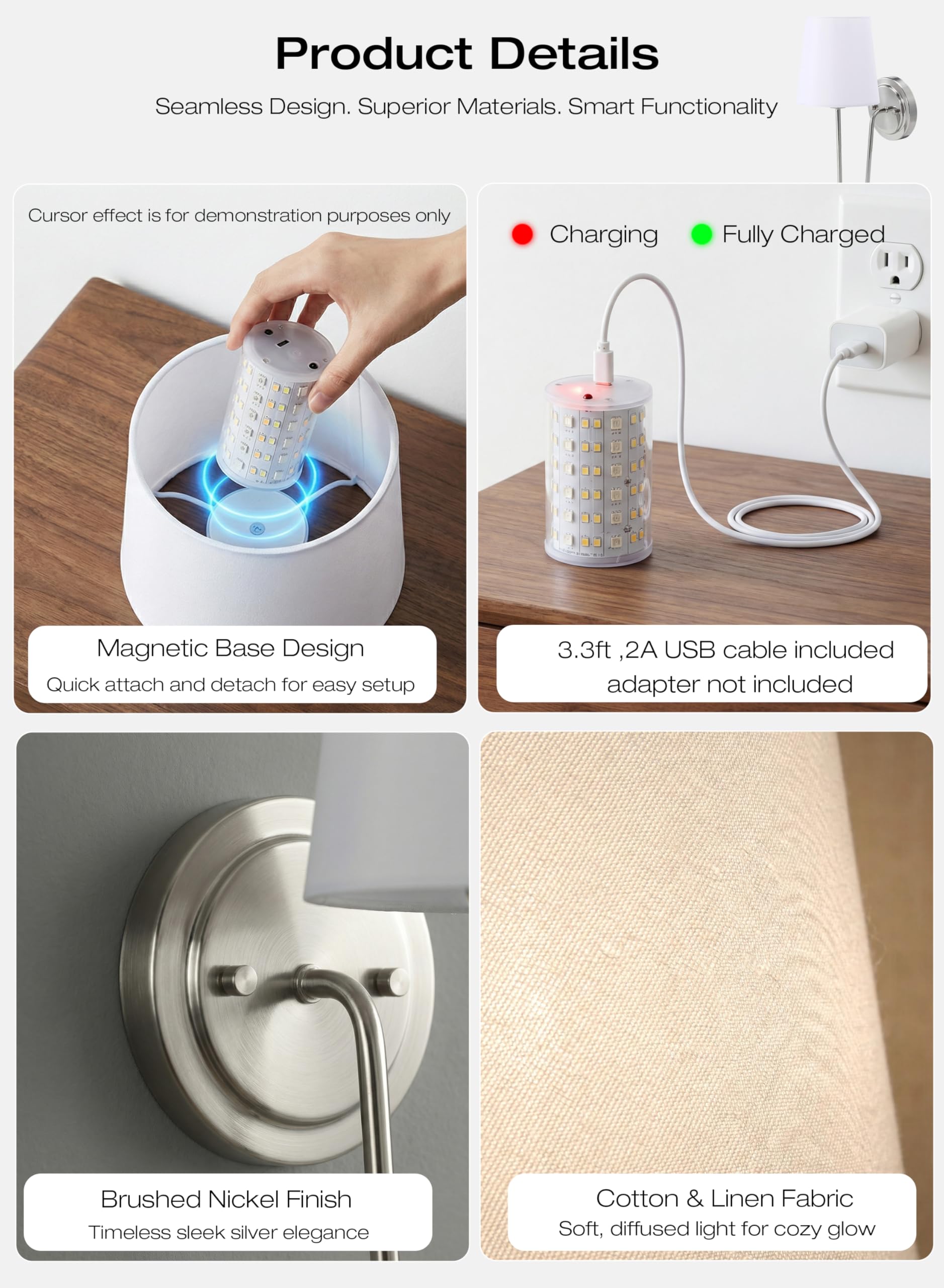 Exploded view: magnetic bulb removal, USB-C charging port, 360-degree zero-shadow lighting