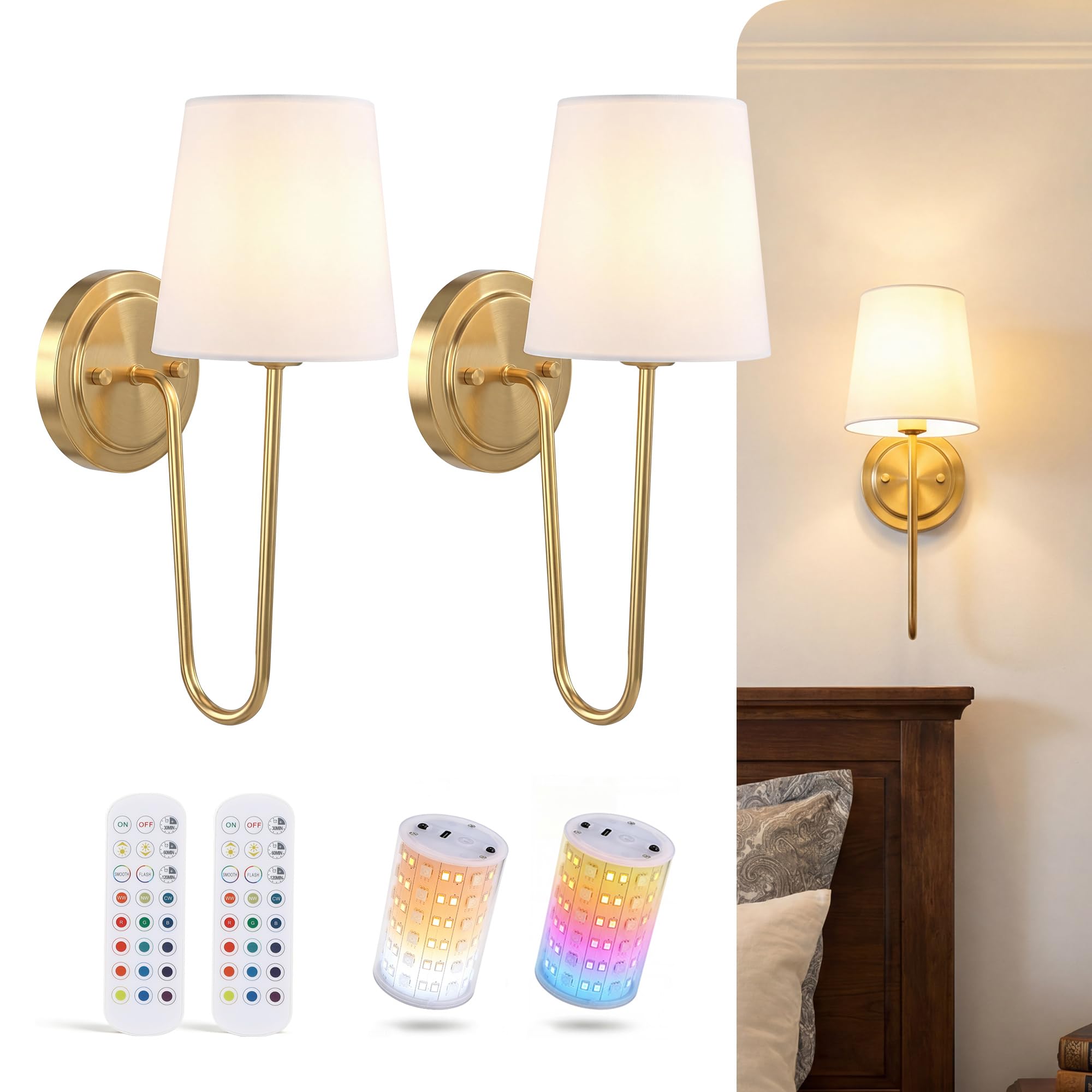 Cloudy Bay soft gold battery operated wall sconces with cylinder linen shades and magnetic RGB bulbs, set of 2