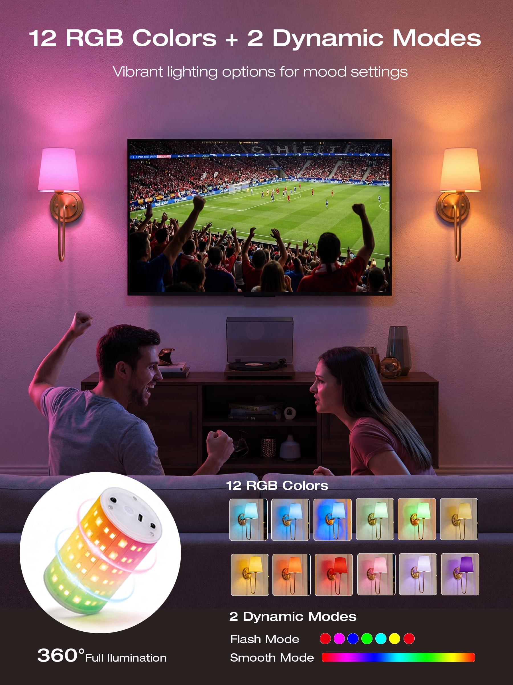 Soft gold sconce by the sofa casting colorful glow through its linen shade, remote at hand