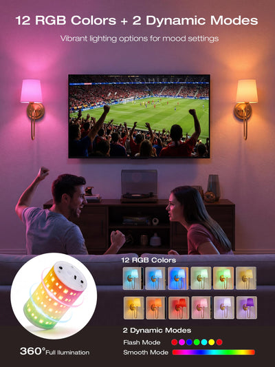 Soft gold sconce by the sofa casting colorful glow through its linen shade, remote at hand