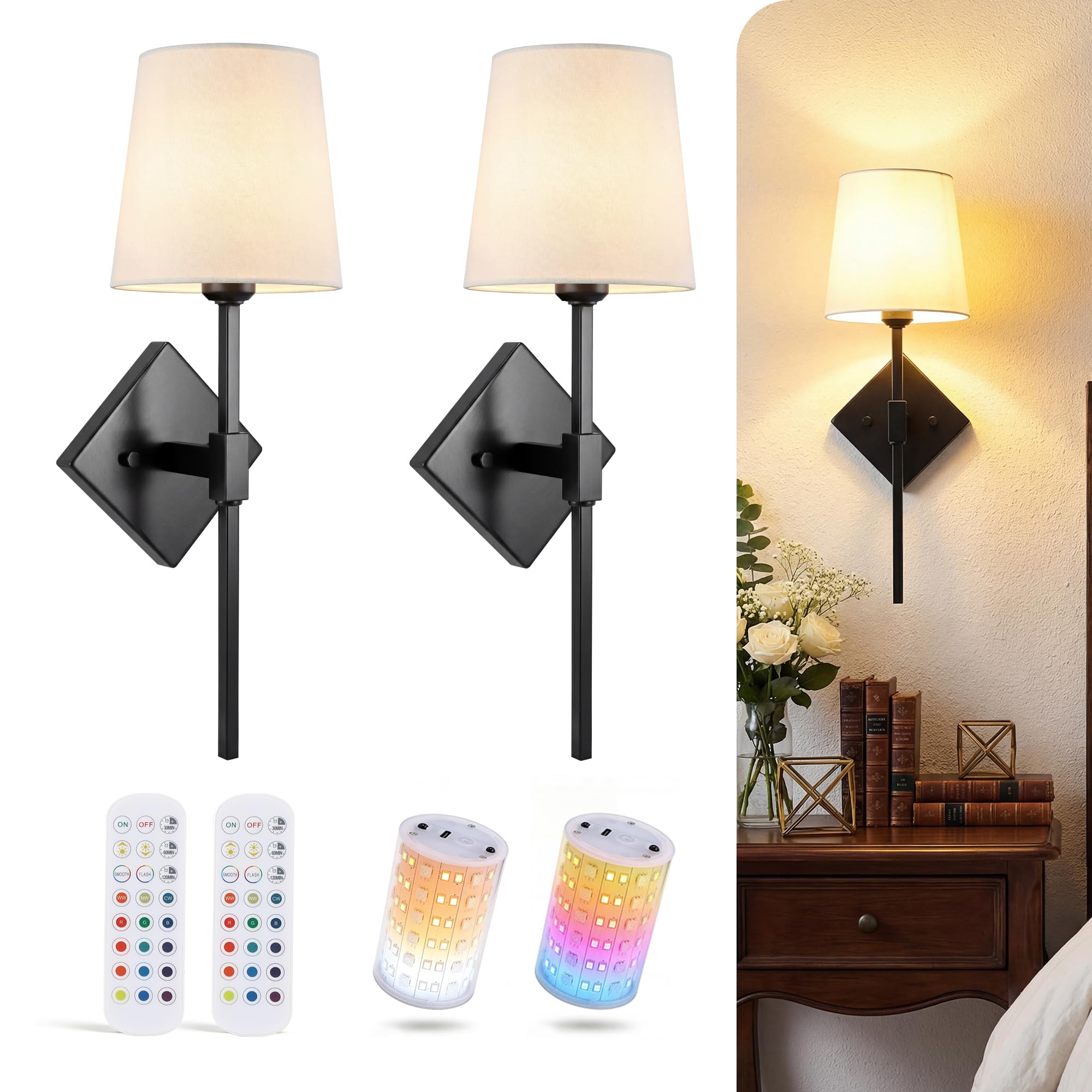 Cloudy Bay matte black battery operated wall sconces with tall cylinder linen shades and magnetic RGB bulbs, set of 2