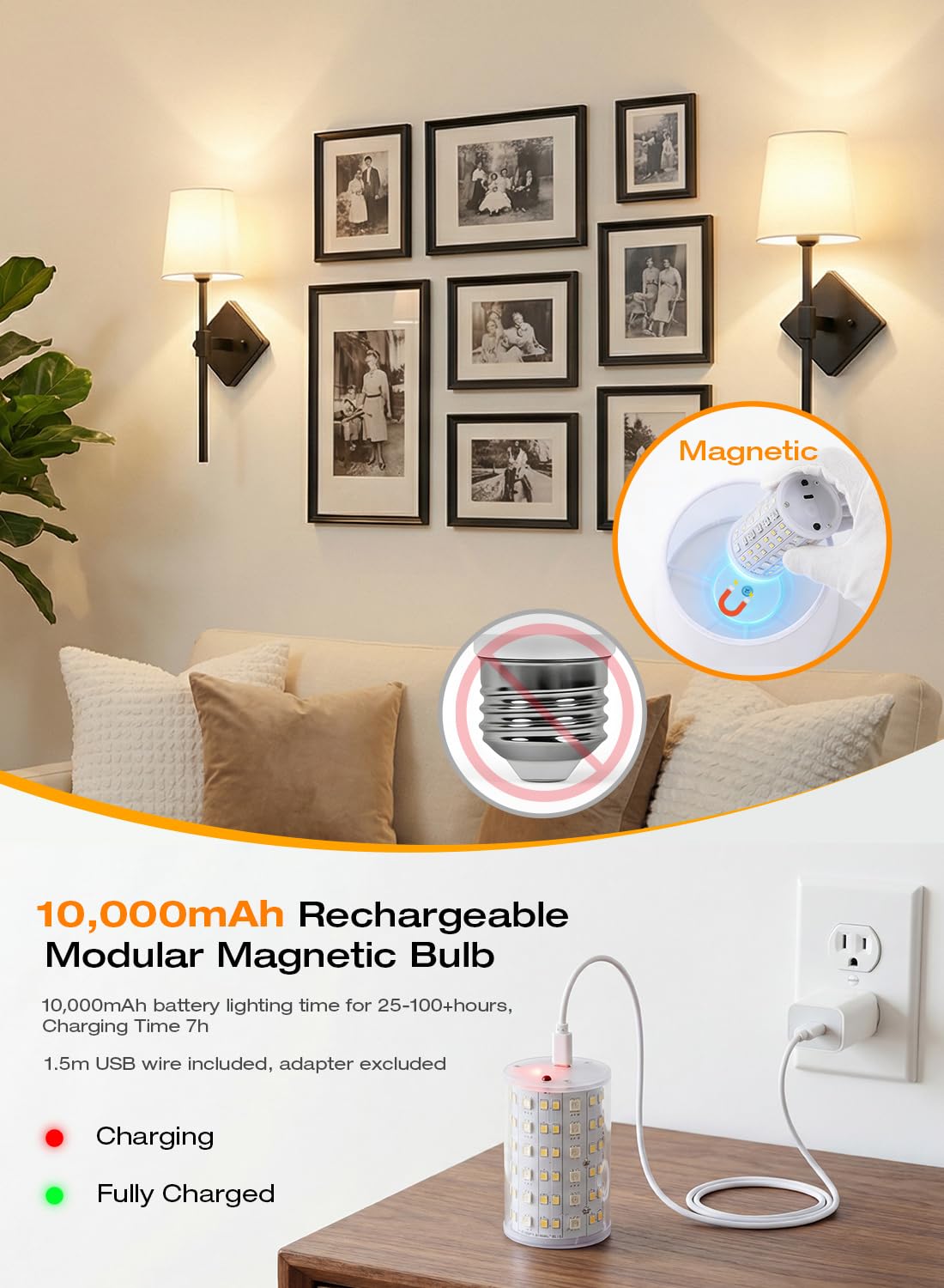 Magnetic bulb detaches for USB-C charging — no wiring, no wall damage