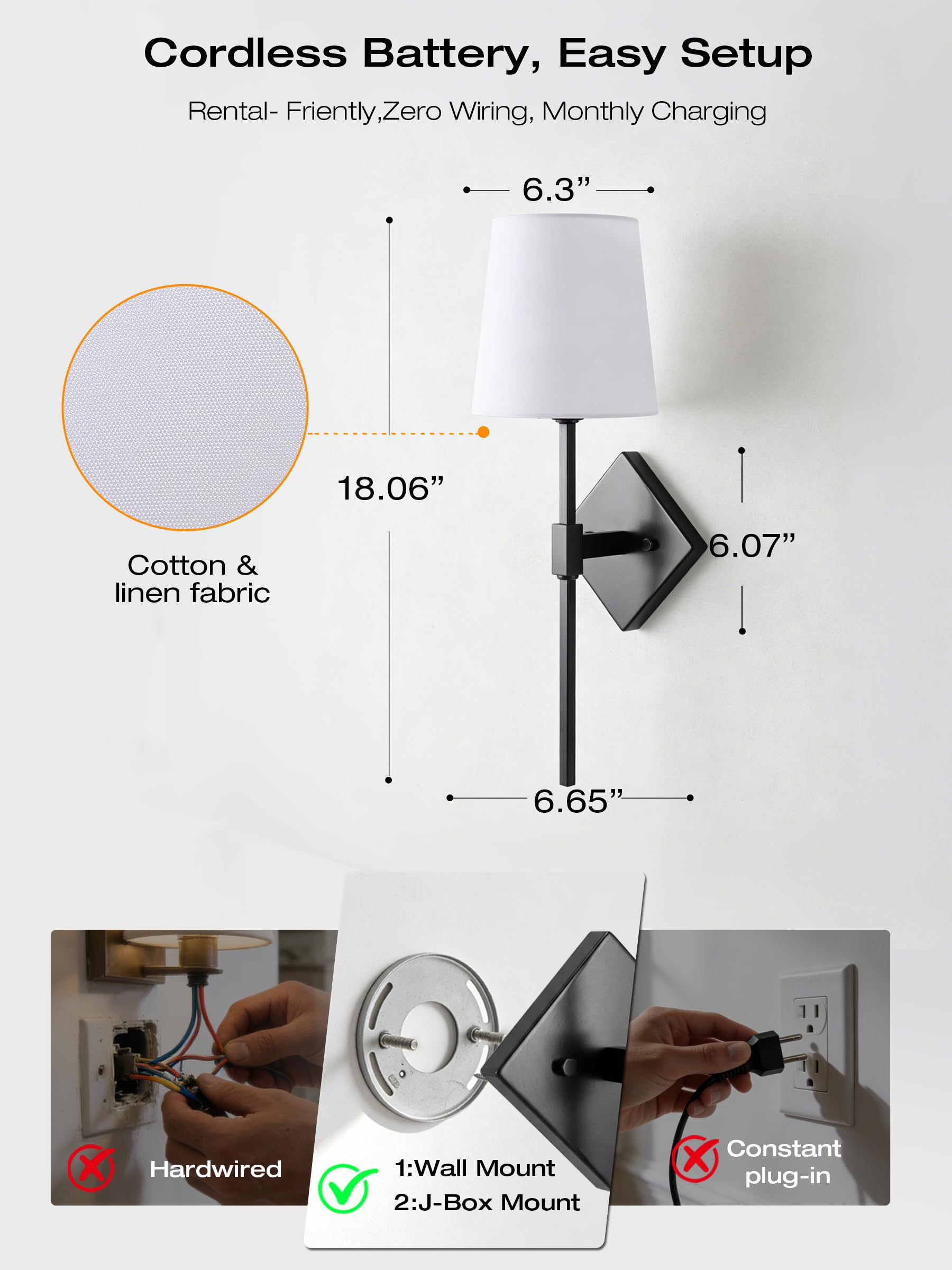 Bedside sconce glowing RGB color through the linen shade, remote on the nightstand