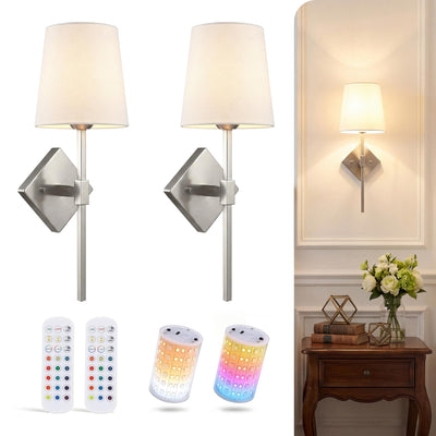 Cloudy Bay brushed nickel battery operated wall sconces with tall cylinder linen shades and magnetic RGB bulbs, set of 2