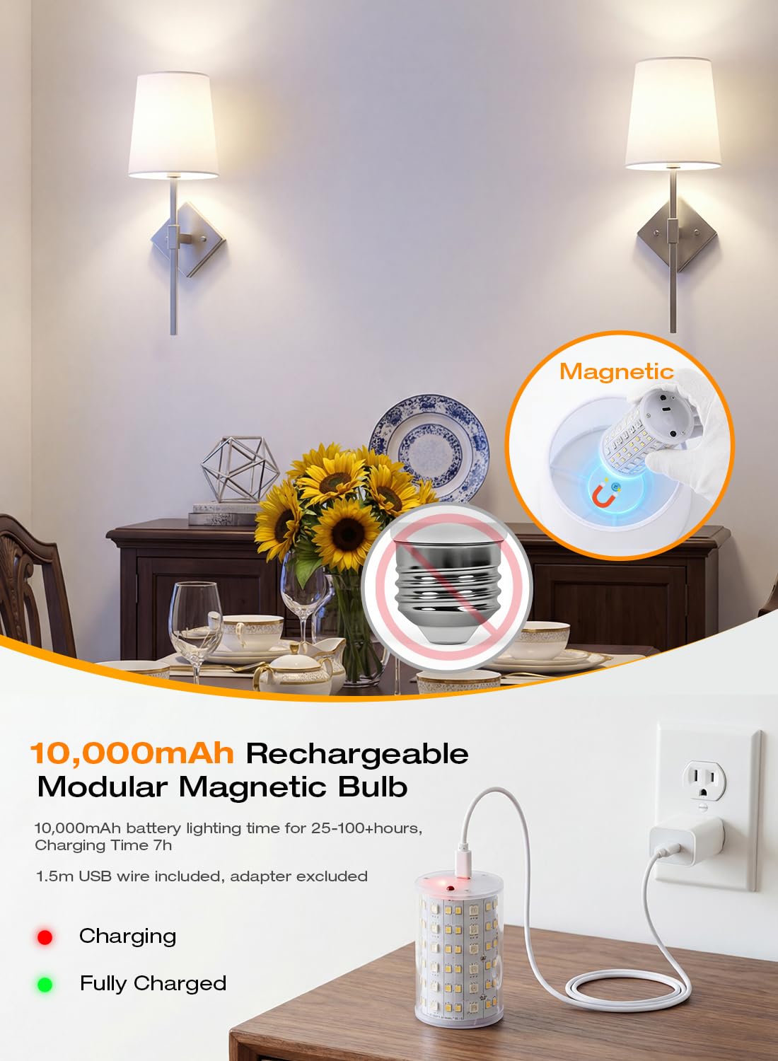 Magnetic bulb detaches for USB-C charging — no wiring, no wall damage