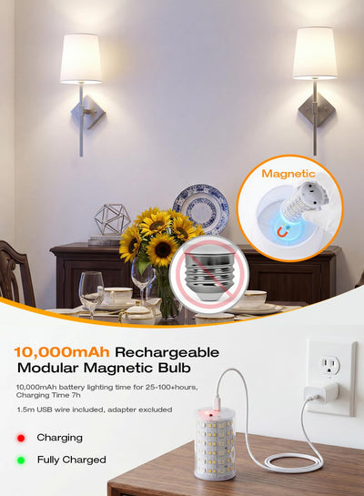 Magnetic bulb detaches for USB-C charging — no wiring, no wall damage