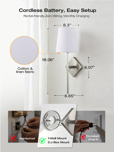 Bedside sconce glowing RGB color through the linen shade, remote on the nightstand