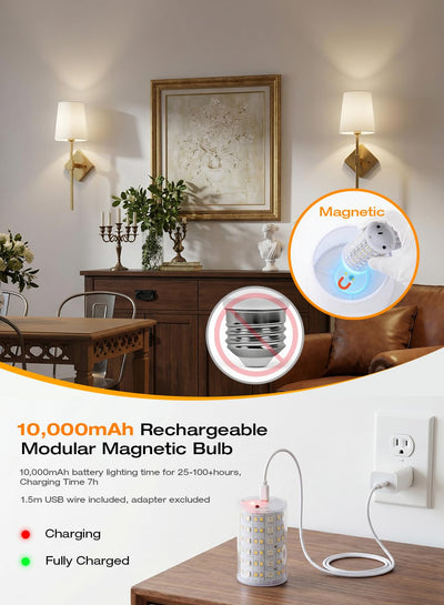 Magnetic bulb detaches for USB-C charging — no wiring, no wall damage