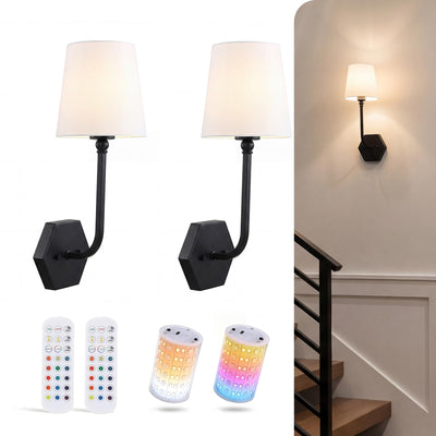 Cloudy Bay matte black battery operated wall sconces with tapered linen shades and magnetic RGB bulbs, set of 2