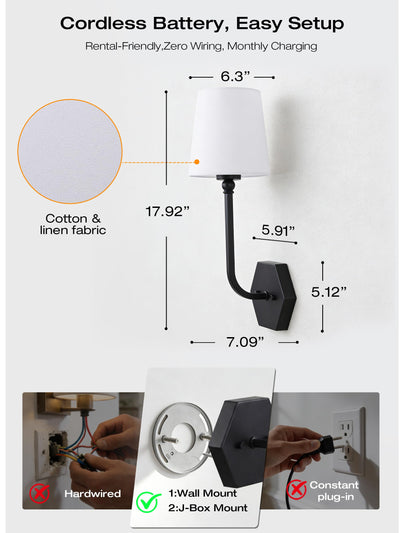 Matte black sconce by the sofa casting colorful glow through its linen shade, remote at hand