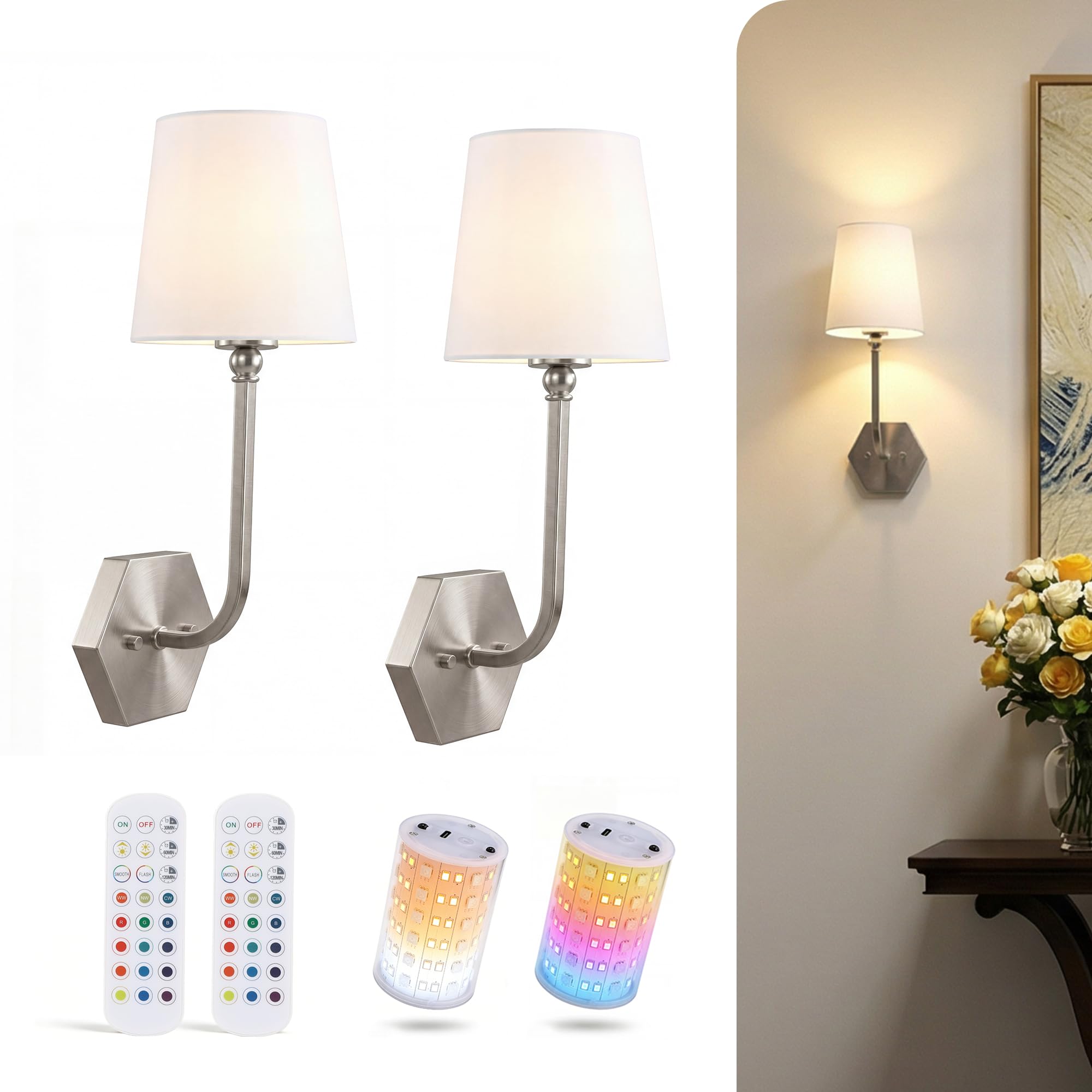 Cloudy Bay brushed nickel battery operated wall sconces with tapered linen shades and magnetic RGB bulbs, set of 2