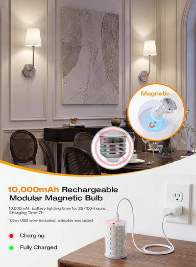Magnetic bulb detaches for USB-C charging — no wiring, no wall damage