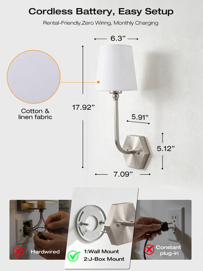 Brushed nickel sconce by the sofa casting colorful glow through its linen shade, remote at hand