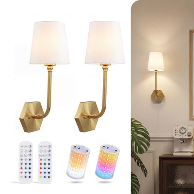 Cloudy Bay soft gold battery operated wall sconces with tapered linen shades and magnetic RGB bulbs, set of 2