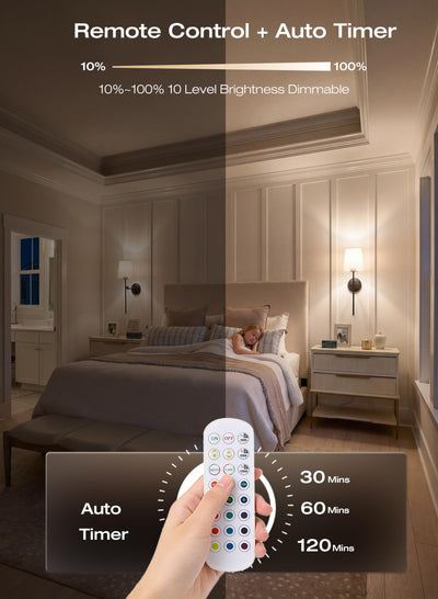 Bedside sconce glowing RGB color through the linen shade, remote on the nightstand